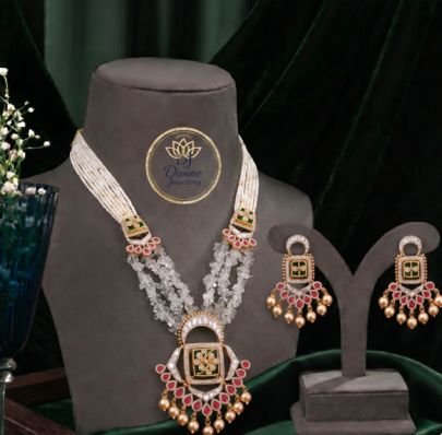 Divine Jewellery Elegant Crystal Pearl Necklace Set for Women | Gold Plated Silver Ethnic Jewellery with Earrings