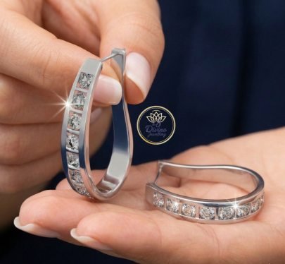 Divine Jewellery Elegant Diamond-Style Channel Set Hoop Earrings in 92.5 Silver
