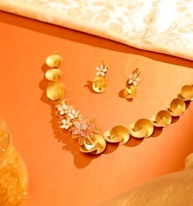 Divine Jewellery Elegant Floral Petal Designer Necklace Set with Layered Gold Disc Detailing