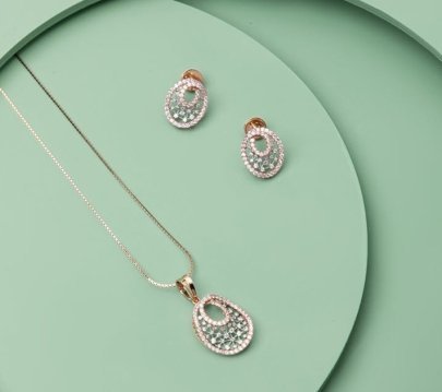 Divine Jewellery Elegant Oval Halo Designer Pendant Necklace Set with Mint Crystal Filigree Pattern