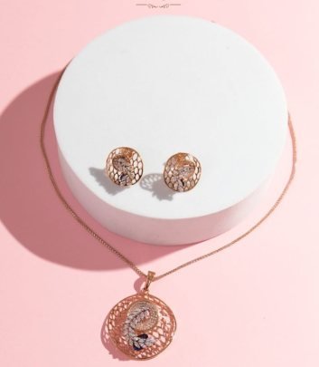 Divine Jewellery Elegant Peacock Filigree Designer Pendant Necklace Set with Rose Gold Finish
