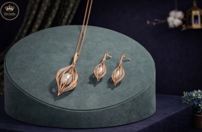 Divine Jewellery Elegant Pearl Leaf Pendant Necklace Set with Crystal Accents