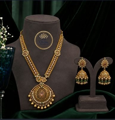 Divine Jewellery Elegant Pearl Temple Necklace Set with Green Bead Jhumka Earrings