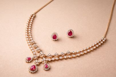 Divine Jewellery Elegant Ruby Drop Necklace Set with Crystal Floral Design and Matching Stud Earrings