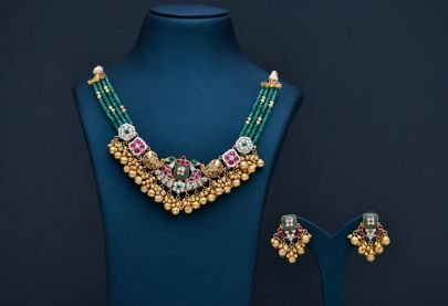Divine Jewellery Emerald Beaded Temple Necklace Set with Floral Ruby Accents