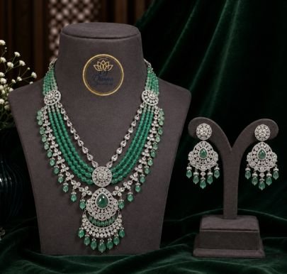 Divine Jewellery Emerald Beaded Diamond-Finish Necklace Set with Earrings in Silver