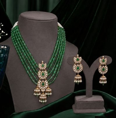 Divine Jewellery Emerald Beaded Haram Necklace Set with Jhumka Earrings | Gold Plated 92.5 Silver Bridal Jewellery
