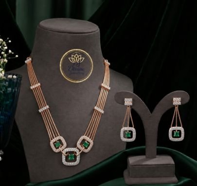 Divine Jewellery Emerald CZ Geometric Necklace Set with Earrings | Rose Gold Plated 92.5 Silver Designer Jewellery
