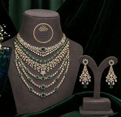 Divine Jewellery Emerald CZ Layered Bridal Necklace Set with Earrings | 92.5 Silver Gold Plated