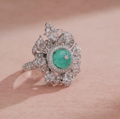 Divine Jewellery Emerald Crystal Floral Halo Designer Statement Ring