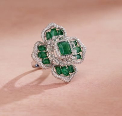 Divine Jewellery Emerald Crystal Floral Designer Statement Ring