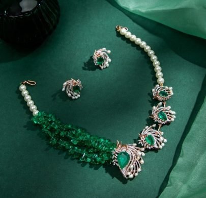 Divine Jewellery Emerald Crystal Multi-Strand Beaded Designer Necklace Set with Statement Earrings