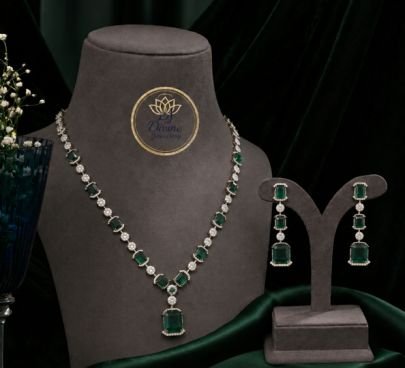 Divine Jewellery Emerald Cut Green Stone Necklace Set in 92.5 Silver with Gold Plating | Premium CZ Diamond Bridal Necklace with Earrings
