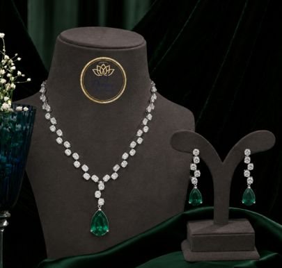 Divine Jewellery Emerald Drop CZ Diamond Necklace Set for Women | 92.5 Silver Elegant Party Wear Jewellery with Earrings