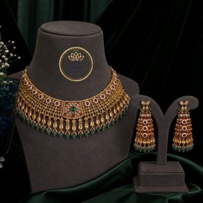 Divine Jewellery Emerald Drop Gold Plated Silver Choker Necklace Set with Earrings