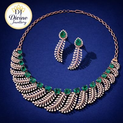 Divine Jewellery Emerald Fern Royale Designer Necklace Set with Crystal Leaf Motif & Elegant Drop Earrings