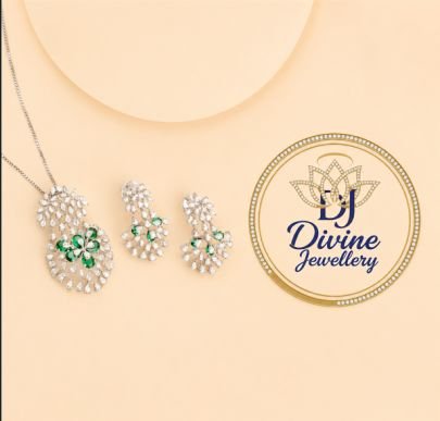 Divine Jewellery Emerald Floral Pendant Set for Women | 92.5 Silver CZ Diamond Necklace with Matching Earrings