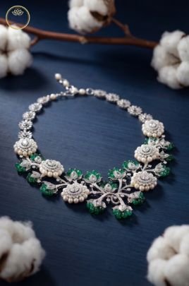 Divine Jewellery Emerald Green Floral Pearl Designer Statement Necklace