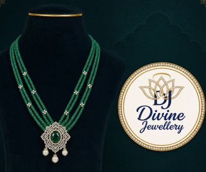 Divine Jewellery Emerald Green Beaded Pendant Necklace Set in 92.5 Silver