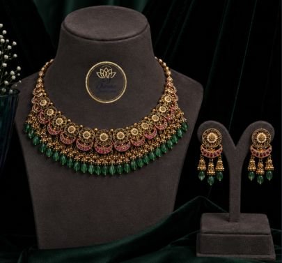 Divine Jewellery Emerald Green Antique Gold Plated Silver Necklace Set with Earrings | Traditional Kundan Choker for Women