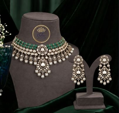 Divine Jewellery Emerald Green Kundan Choker Necklace Set with Pearl Drops & Matching Earrings | 92.5 Silver Gold Plated Bridal Wedding Jewellery