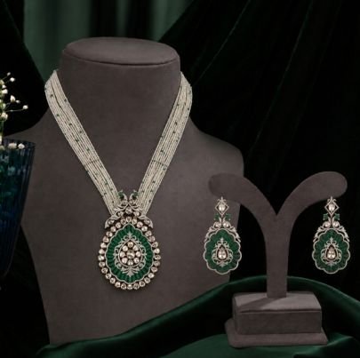 Divine Jewellery Emerald Green Stone Victorian Necklace Set with Matching Earrings | Premium 92.5 Silver Base Jewellery