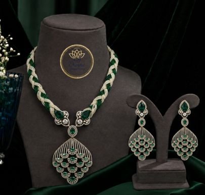 Divine Jewellery Emerald Green Braided Statement Necklace Set with Earrings | 92.5 Silver Gold Plated Designer Jewellery