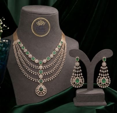 Divine Jewellery Emerald Green Layered Necklace Set with Dangle Earrings | 92.5 Silver Gold Plated American Diamond Bridal Jewellery