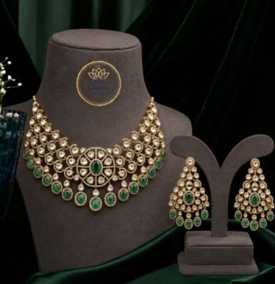 Divine Jewellery Emerald Green Kundan Choker Necklace Set with Earrings | 92.5 Silver Gold Plated Bridal Wedding Jewellery