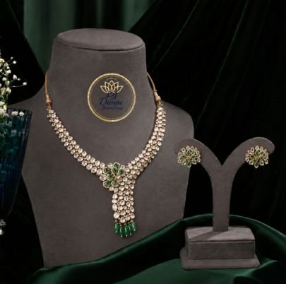 Divine Jewellery Emerald Kundan Necklace Set for Women | 92.5 Silver Gold Plated Designer Bridal Necklace with Earrings