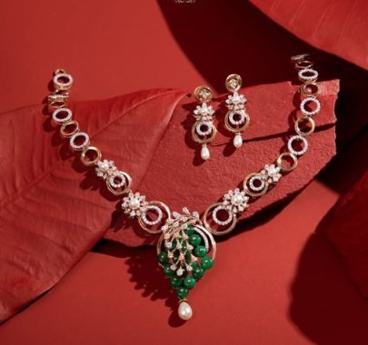 Divine Jewellery Emerald Pearl Drop Designer Necklace Set with Crystal Circle Motifs