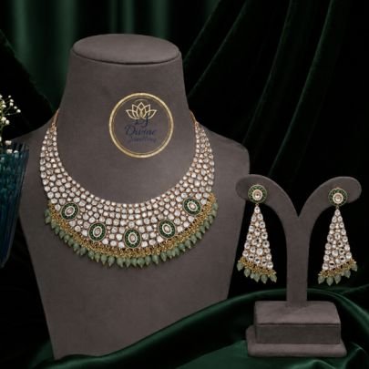 Divine Jewellery Emerald Polki Bridal Choker Necklace Set with Earrings | Gold Plated 92.5 Silver Luxury Jewellery