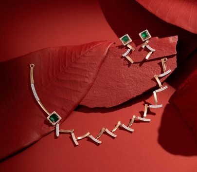 Divine Jewellery Emerald Square Crystal Designer Necklace Set with Modern Geometric Bar Detailing