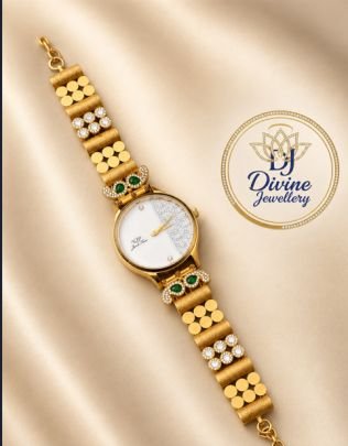 Divine Jewellery Emerald Stone Gold Plated Designer Watch Bracelet for Women
