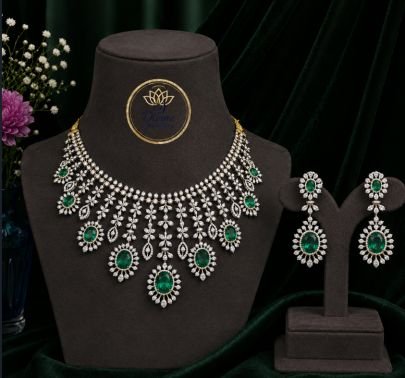 Divine Jewellery Emerald Stone Necklace Set for Women | Silver Finish Bridal Diamond Look Necklace with Earrings | Luxury Party Jewellery
