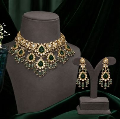 Divine Jewellery Emerald Stone Bridal Choker Gold Plated Silver Necklace Set with Earrings