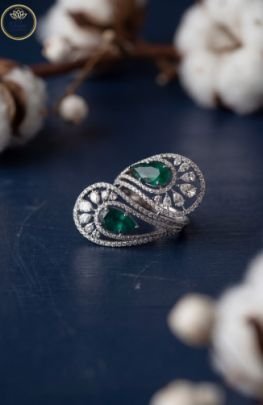 Divine Jewellery Emerald Teardrop Designer Open Ring with Micro Diamond Accents