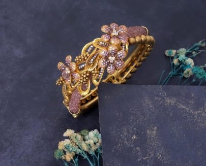 Divine Jewellery Floral Crystal Designer Kada Bracelet with Pink Stone Accents