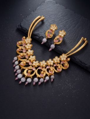 Divine Jewellery Floral Enamel Designer Necklace Set with Pearl Drops