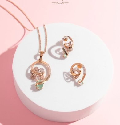 Divine Jewellery Floral Orbit Designer Pendant Necklace Set with Mint Green Stone Accent