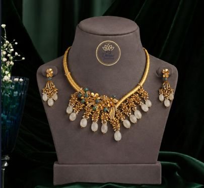 Divine Jewellery Floral Pearl Drop Necklace Set with Earrings for Women | 92.5 Silver Gold Plated Designer Jewellery