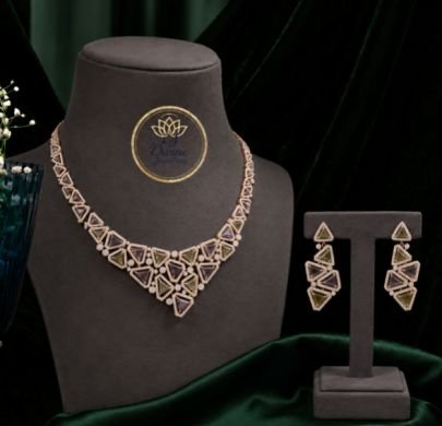 Divine Jewellery Geometric Crystal Necklace Set for Women | Rose Gold Plated Designer Necklace with Matching Earrings | Wedding, Party, Anniversary & 