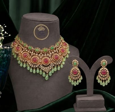 Divine Jewellery Gold-Plated Bridal Choker Necklace Set in 92.5 Silver with Green & Ruby Stone Detailing