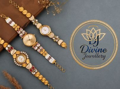 Divine Jewellery Gold-Plated Bracelet Watch for Women | Traditional Designer Wrist Watch with Multicolor Stones & Pearl Detailing | Silver Base Ethnic