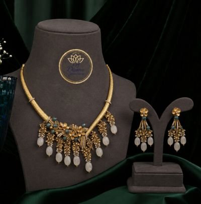 Divine Jewellery Gold Plated Floral Statement Necklace Set with White Drop Beads & Matching Earrings | 92.5 Silver Base Traditional Designer Jewellery