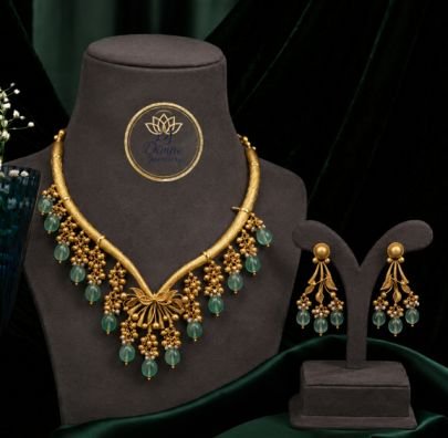 Divine Jewellery Gold Plated Floral Vine Necklace Set with Green Bead Drops & Matching Earrings | 92.5 Silver Base Designer Traditional Jewellery for 