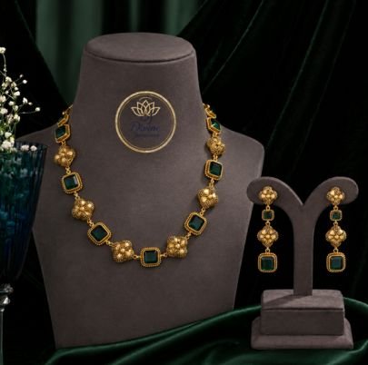 Divine Jewellery Gold Plated Green Stone Necklace Set with Matching Earrings