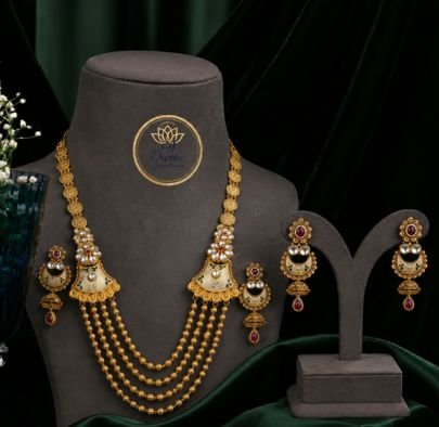 Divine Jewellery Gold Plated Long Haram Necklace Set with Pearl Chains and Earrings