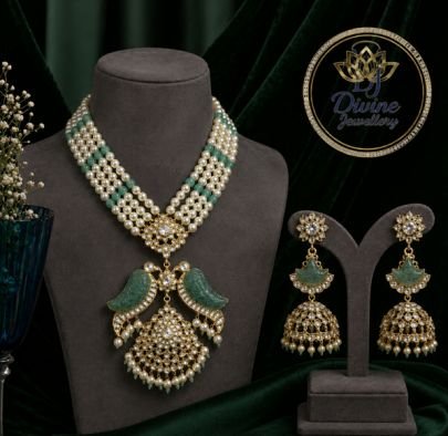 Divine Jewellery Gold Plated Pearl Jade Pendant Necklace Set with Jhumka Earrings for Women