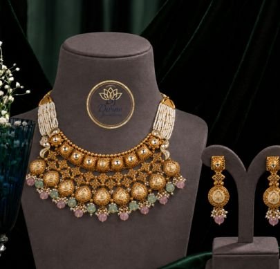 Divine Jewellery Gold Plated Royal Choker Necklace Set with Pearl Beads and Earrings